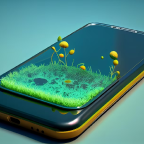 Celular com uma tela de grama com flores saindo